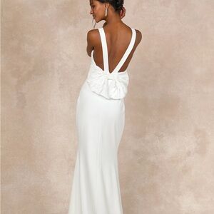 Lulu's White Backless Pearl Bow Maxi Dress